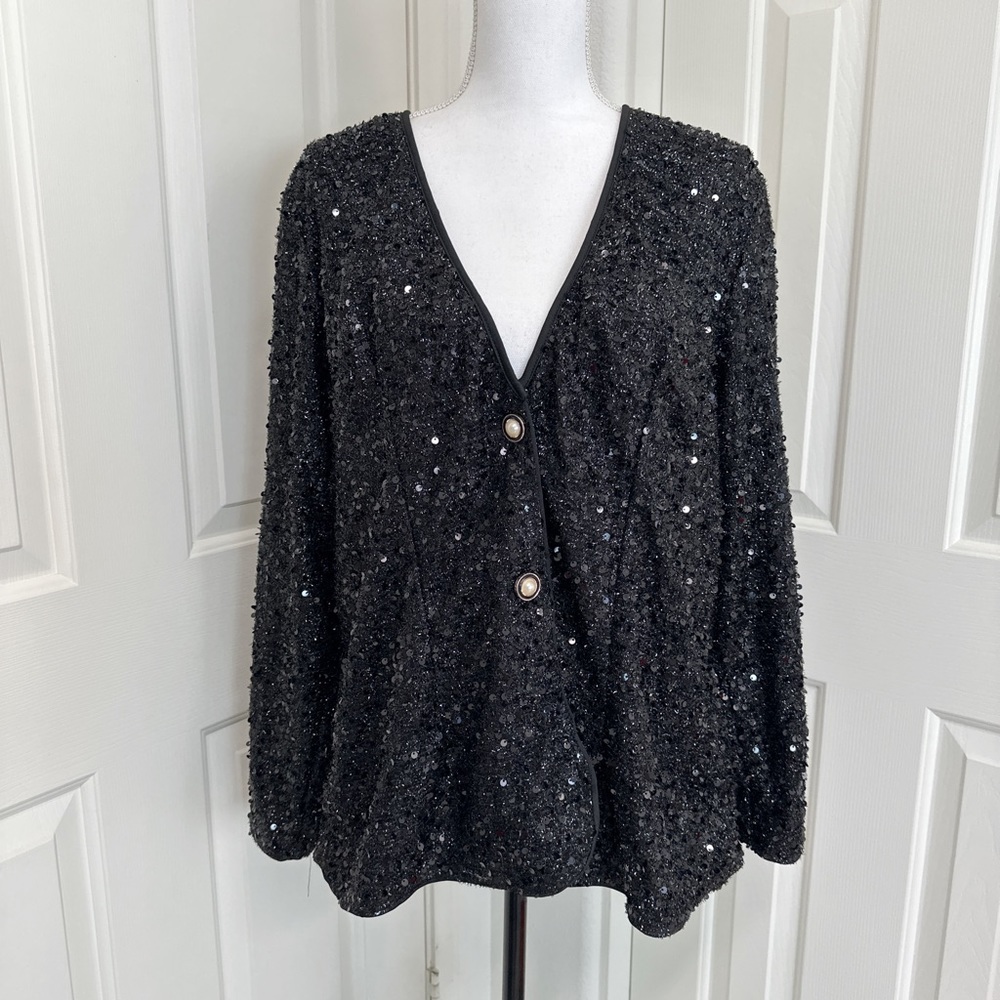 Pearl Button Front Sequin Jacket Casual Long Sleeve Cardigan L